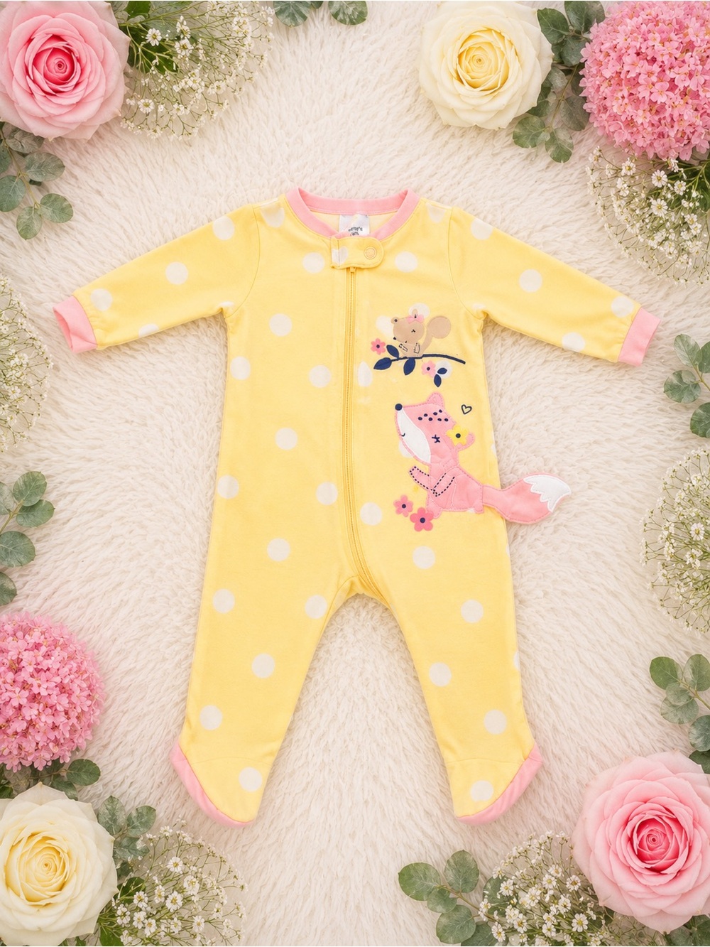 Gerber Yellow Polka Dot Footed One-Piece with Pink Fox